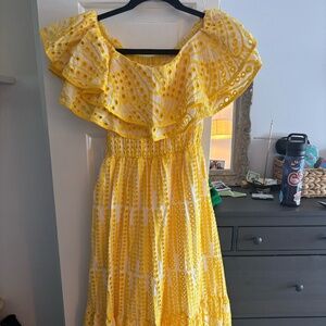 Yellow Off-Shoulder Tiered Ruffle Eyelet Dress